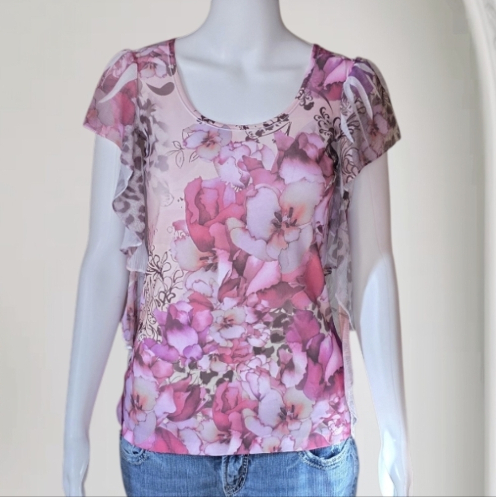 Y2K Fiona & Purple Romantic Floral Angel Wing Flutter Ruffle Top